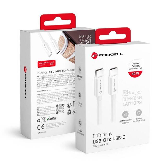 FORCELL F-ENERGY C338 kabel Typ C do Typ C PD QC4.0 3A 60W 2 m biały