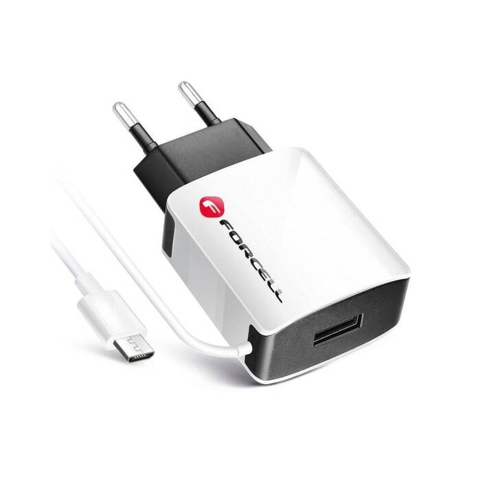 FORCELL Ładowarka Sieciowa Micro USB Uniwersalna 2A z kablem MicroUSB i portem USB