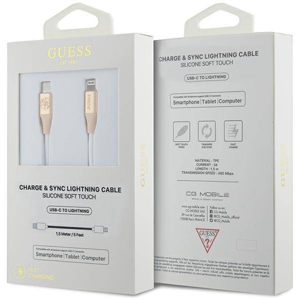 Guess GUCLLALRGDD kabel USB-C - Lightning 1.5m Fast Charging złoty/light gold Ebossed Logo