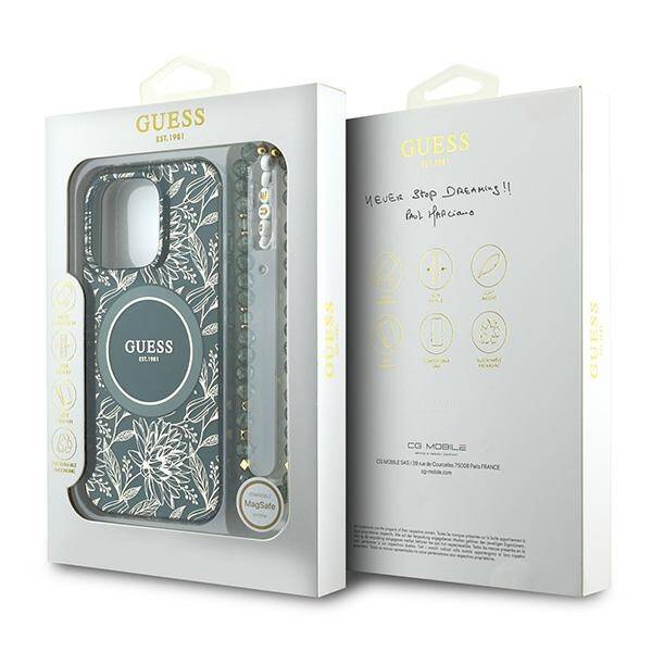 Guess GUHMP16LHCPOFPA iPhone 16 Pro 6.3" zielony/green hardcase IML Flowers Allover Electro With Pearl Strap MagSafe