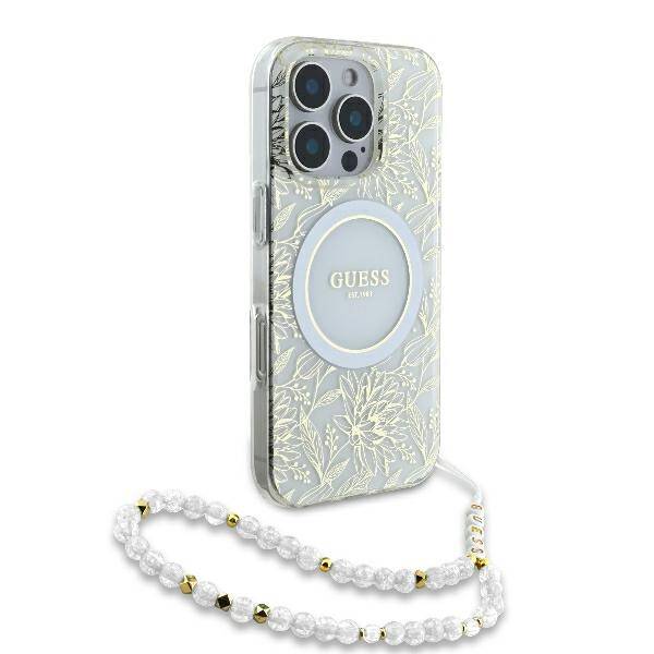 Guess GUHMP16LHCPOFPH iPhone 16 Pro 6.3" biały/white hardcase IML Flowers Allover Electro With Pearl Strap MagSafe