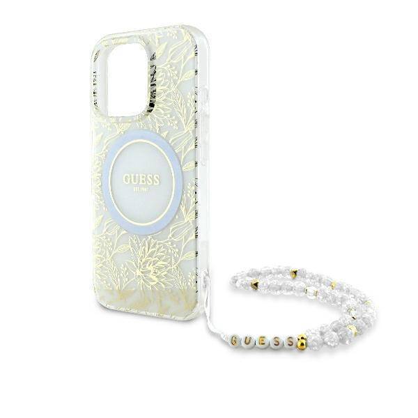 Guess GUHMP16LHCPOFPH iPhone 16 Pro 6.3" biały/white hardcase IML Flowers Allover Electro With Pearl Strap MagSafe