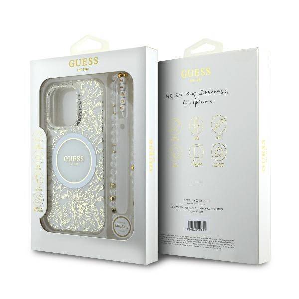 Guess GUHMP16LHCPOFPH iPhone 16 Pro 6.3" biały/white hardcase IML Flowers Allover Electro With Pearl Strap MagSafe