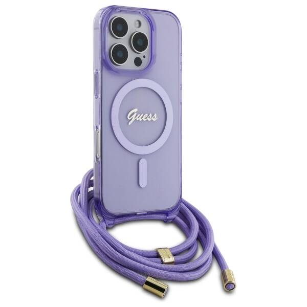 Guess GUHMP16LHCTSGNSU iPhone 16 Pro      6.3" fioletowy/purple hardcase Crossbody Cord Script MagSafe