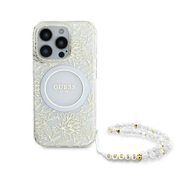 Guess GUHMP16XHCPOFPH iPhone 16Pro Max 6.9" biały/white hardcase IML Flowers Allover Electro With Pearl Strap MagSafe