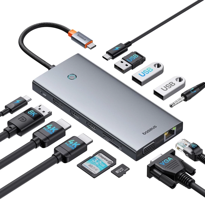 HUB Baseus PortalJoy Series 13w1 USB-C - 2x HDMI / DP / VGA / USB-A 3.1 / USB-C 3.1 / USB-A 2.0 / PD / RJ45 / SD / TF / AUX - szary