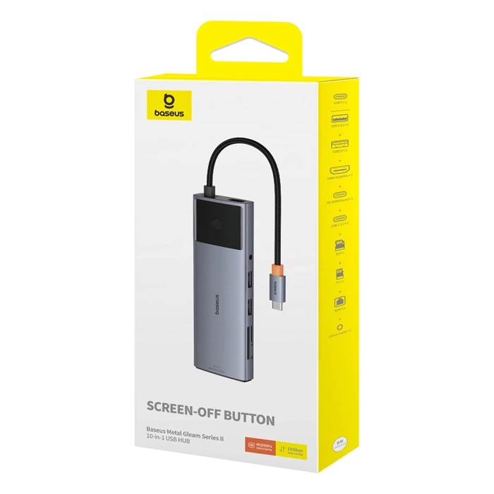 Hub 10w1 Baseus Metal Gleam II Series, USB-C do 1xHDMI, USB-A (10Gbps), USC-C, 2xUSB-A, Ethernet RJ45, karta SD/TF, mini-jack 3,5mm, USB-C(PD)