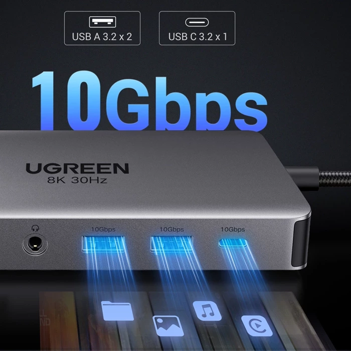 Hub USB-C Ugreen CM681, 4x USB, 2x HDMI, DisplayPort, RJ45, SD/TF, AUX, PD 100W (szary)