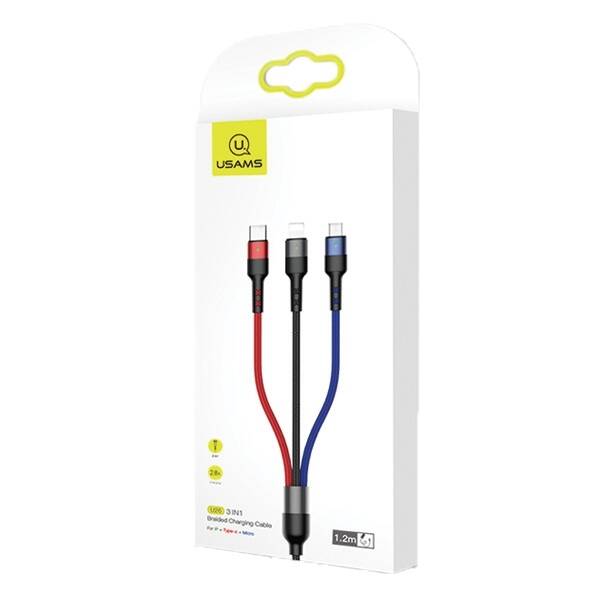 Kabel Pleciony USAMS 3w1 Lightning MicroUSB USB-C 2A Fast Charge 0.35m Czarny