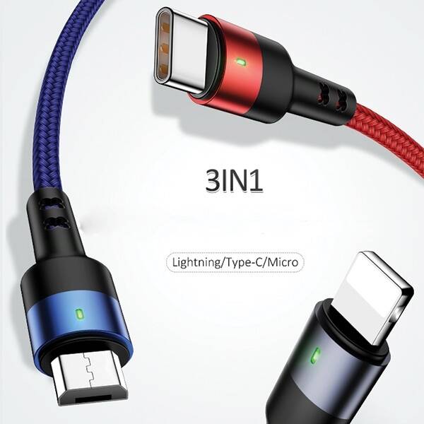 Kabel Pleciony USAMS 3w1 Lightning MicroUSB USB-C 2A Fast Charge 0.35m Czarny