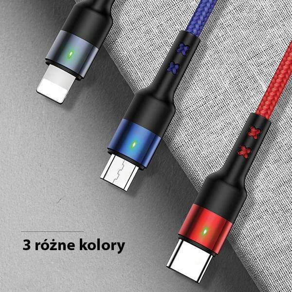 Kabel Pleciony USAMS 3w1 Lightning MicroUSB USB-C 2A Fast Charge 0.35m Czarny