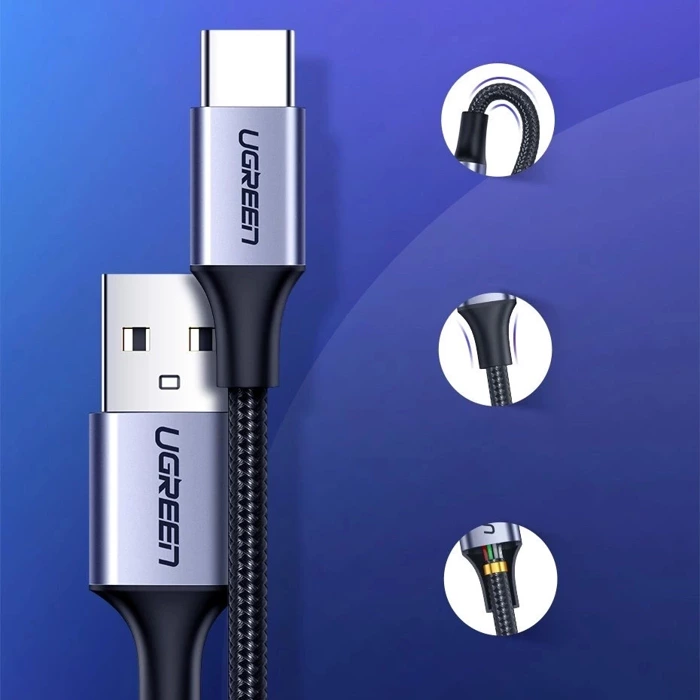 Kabel UGREEN USB-C QuickCharge 3.0 Niklowany Z Aluminiową Wtyczką 1,5m Czarny