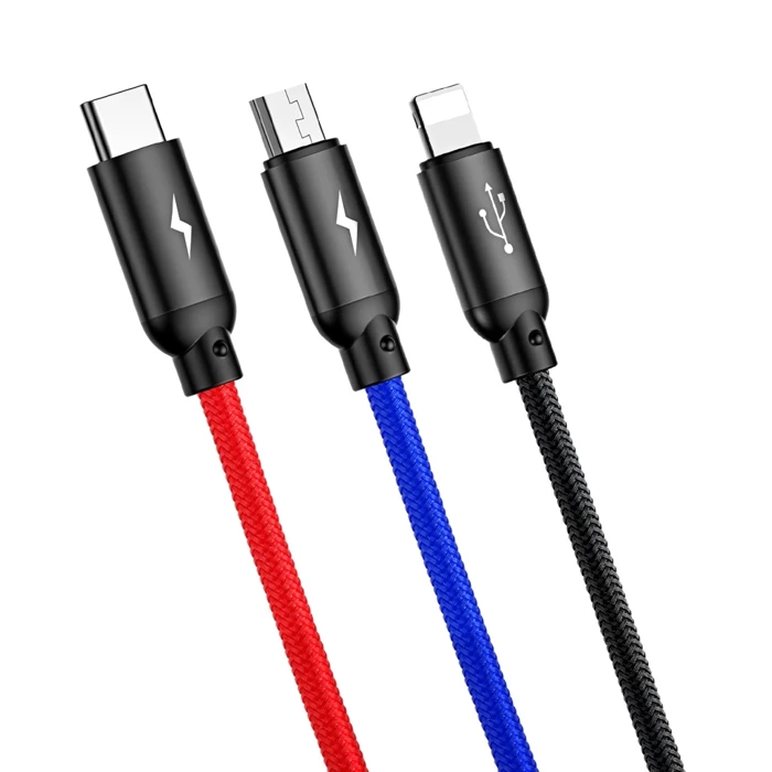 Kabel USB BASEUS 3w1 USB-C Lightning Micro 3,5A 0,3m czarny