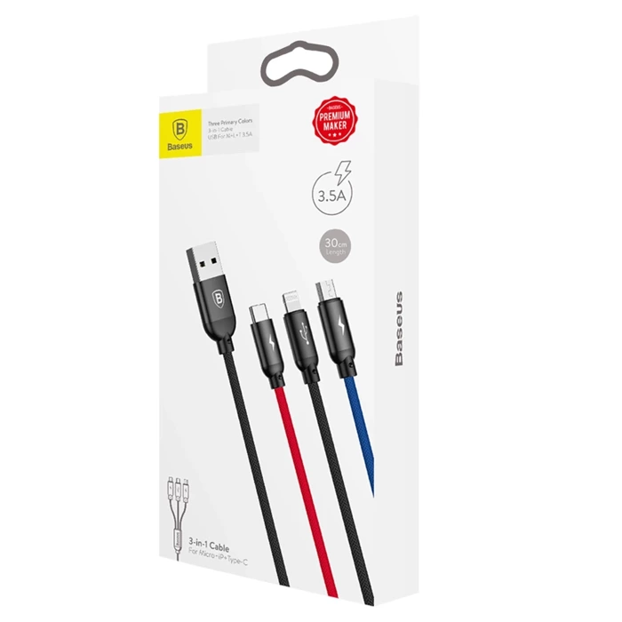 Kabel USB BASEUS 3w1 USB-C Lightning Micro 3,5A 0,3m czarny