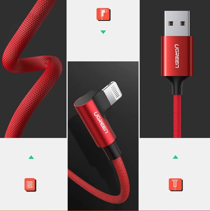 Kabel Ugreen US299 60555 kątowy Lightning / USB-A MFi 2.4A 1m - czerwony