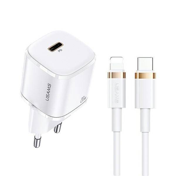 Ładowarka Sieciowa USAMS 1xUSB-C T36 Mini 20W + Kabel USB-C Apple Lightning PD3.0 Fast Charging Biały