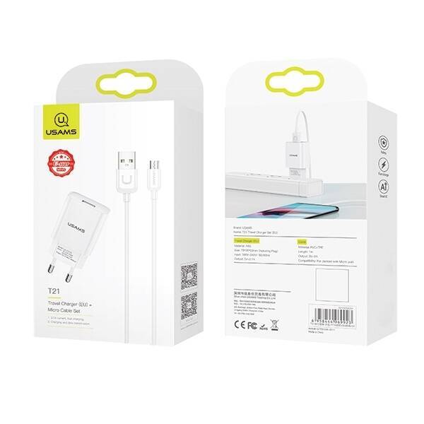 Ładowarka Sieciowa USAMS 1xUSB Kabel MicroUSB 1m 2,1A Fast Charging T21 T21OCMC01 Biały