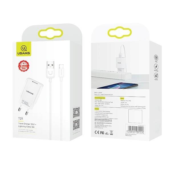 Ładowarka Sieciowa USAMS 1xUSB T21 Kabel Lightning 2,1A Fast Charging T21OCLN01 Biały