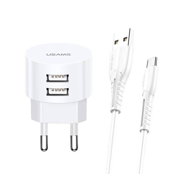 Ładowarka Sieciowa USAMS 2xUSB 2,1A Kabel MicroUSB Round Fast Charging Biały