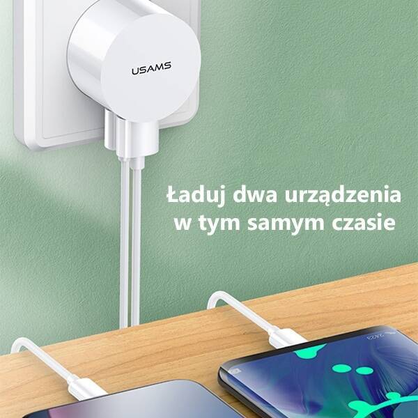 Ładowarka Sieciowa USAMS 2xUSB T20 2,1A Kabel Lightning Fast Charging  XTXLOGT1804 Biały