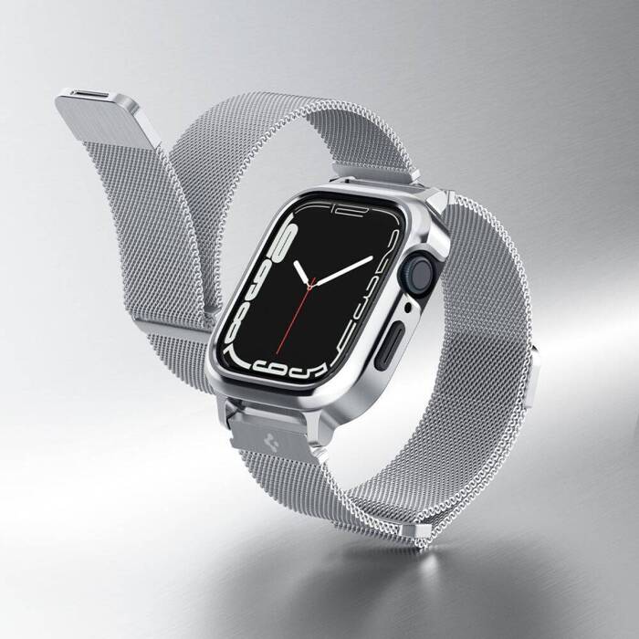 Pasek i Etui Spigen Metal Fit Pro Apple Watch  9 8 7 6 5 4 SE 2022 44 / 45 mm Srebny