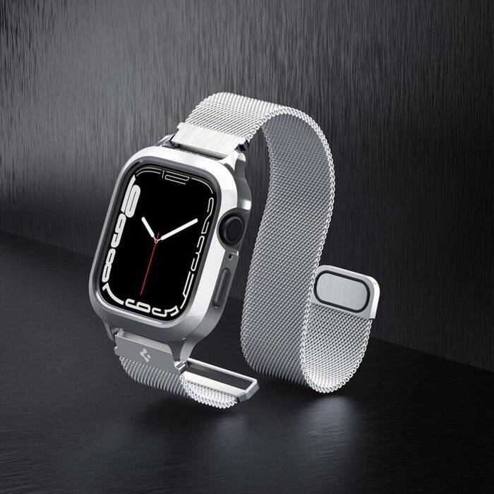 Pasek i Etui Spigen Metal Fit Pro Apple Watch  9 8 7 6 5 4 SE 2022 44 / 45 mm Srebny