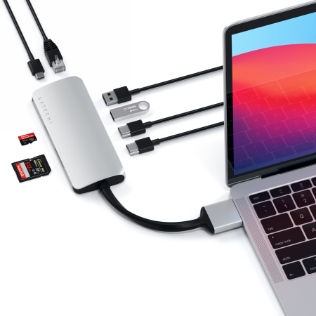 Satechi Type-C Dual Multimedia Adapter - aluminiowy adapter do MacBook z podwójnym USB-C (USB-C PD 60W, 2x USB-A, 2x HDMI 4K, czytnik kart micro/SD, Ethernet) (silver)