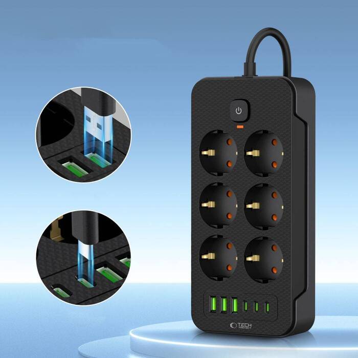 TECH-PROTECT PC6X6 POWER STRIP 3 USB & 3 TYPE-C & 6 SOCKET 200CM BLACK