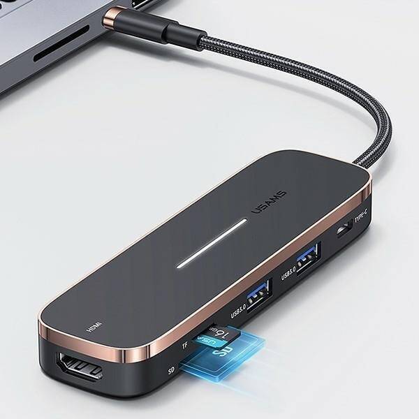 USAMS Adapter HUB 3xUSB + USB-C + HDMI czarny/black SJ578HUB01 (US-SJ578)