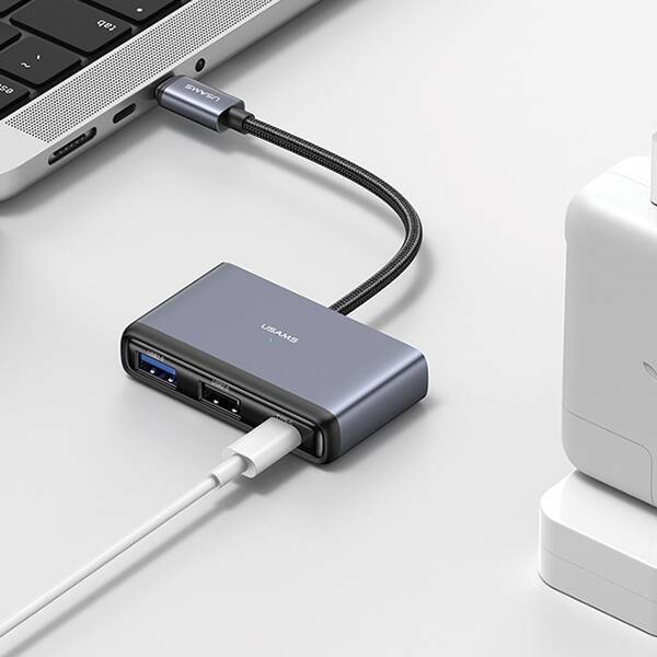 USAMS Adapter HUB 5w1 USB 2.0/USB 3.0/ USB-C/TF/SD szary/dark grey SJ628HUB01 (US-SJ628)