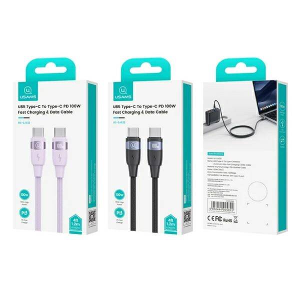 USAMS Kabel U85 USB-C na USB-C 100W 1.2m PD Fast Charging fioletowy/purple SJ632USB03 (US-SJ632)