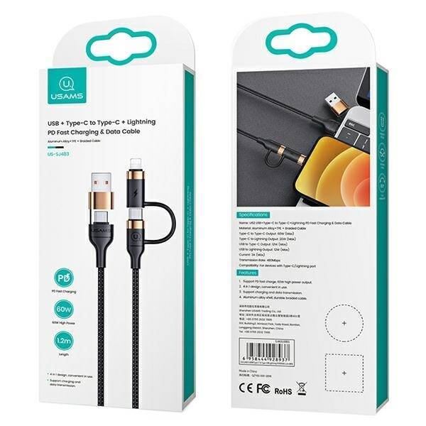 USAMS Kabel pleciony U62 2xUSB-C/USB-A /lightning 1,2m PD Fast Charge czarny/black SJ483USB01 (US-SJ483)