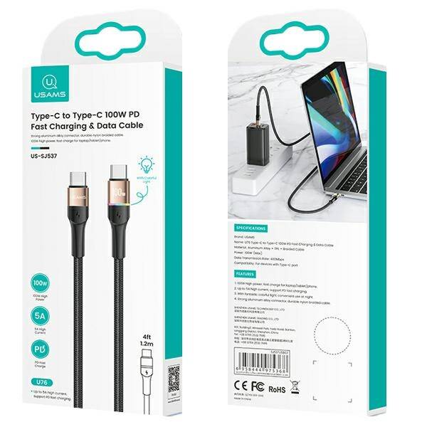 USAMS Kabel pleciony U76 USB-C na USB-C 100W PD Fast Charging 1.2m czarny/black SJ537USB01(US-SJ537)