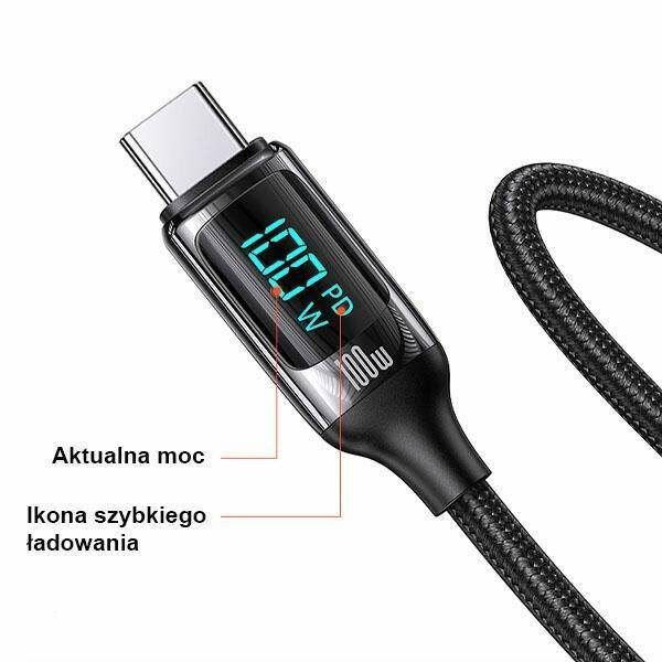 USAMS Kabel pleciony U78 USB-C na USB-C LED 2m 100W Fast Charging czarny/black SJ558USB01 (US-SJ558)