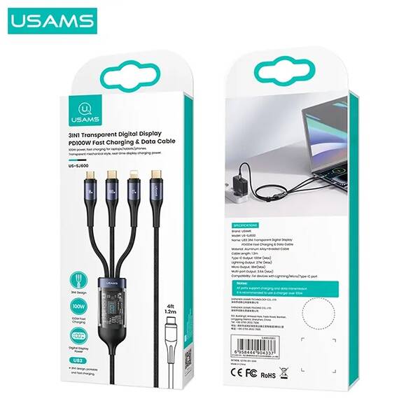 USAMS Kabel pleciony U83 3w1 100W 1,2m Digital Display PD Fast Charge (lightning/microUSB/USB-C) SJ600USB01 (US-SJ600)