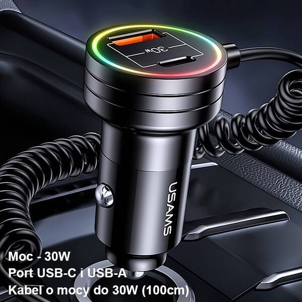 USAMS Ład. sam. 2xUSB-C 1xUSB-A C33 60W with spring cable Fast Charge czarny/black CC167CC01 (US-CC167)