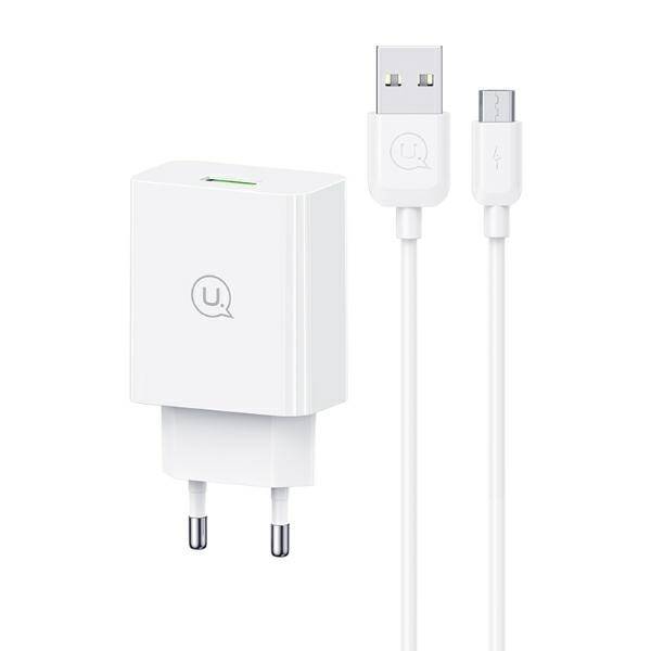 USAMS Ład. siec. 18W + kabel Micro/USB-A 1m Fast Charging biały/white series SC SCXLTZ01