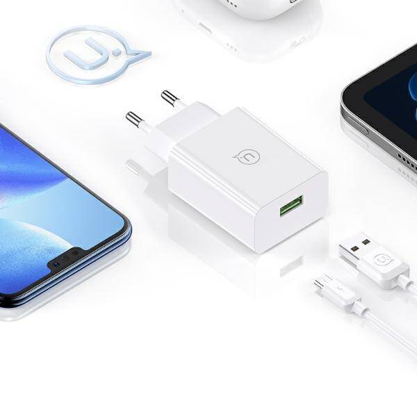 USAMS Ład. siec. 18W + kabel Micro/USB-A 1m Fast Charging biały/white series SC SCXLTZ01