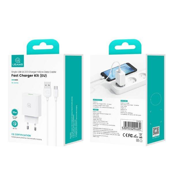 USAMS Ład. siec. 18W + kabel USB-C/USB-A 1m Fast Charging biały/white series SC SCXLTZ02