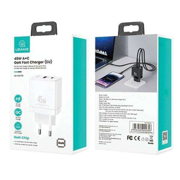 USAMS Ład. siec. 1xUSB-C+1xUSB 45W (only head) GaN PD3.0 +QC3.0 Fast Charging biały/white CC178TC02 (US-CC178)