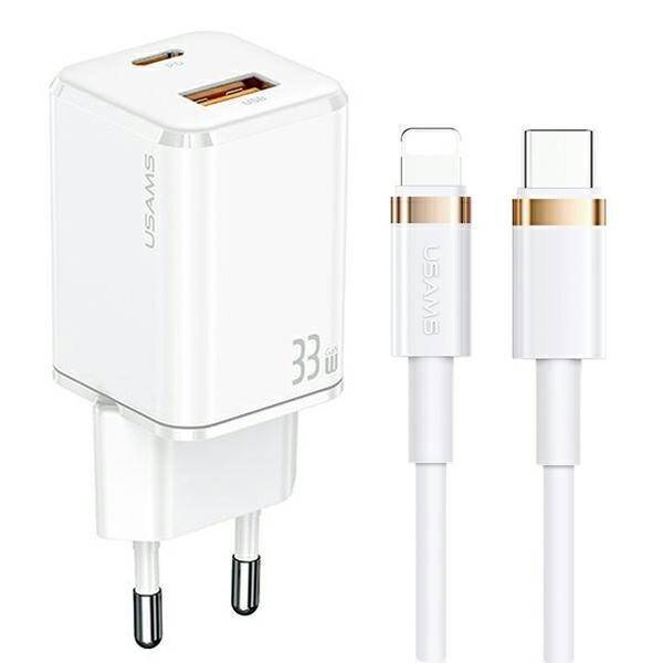 USAMS Ład. siec. 1xUSB-C+1xUSB T43 33W PD3.0 +QC3.0  + kabel U63 USB-C na lightning biały/white USKTZ02