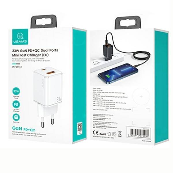 USAMS Ład. siec. 1xUSB-C+1xUSB T43 33W PD3.0 +QC3.0  + kabel U63 USB-C na lightning biały/white USKTZ02