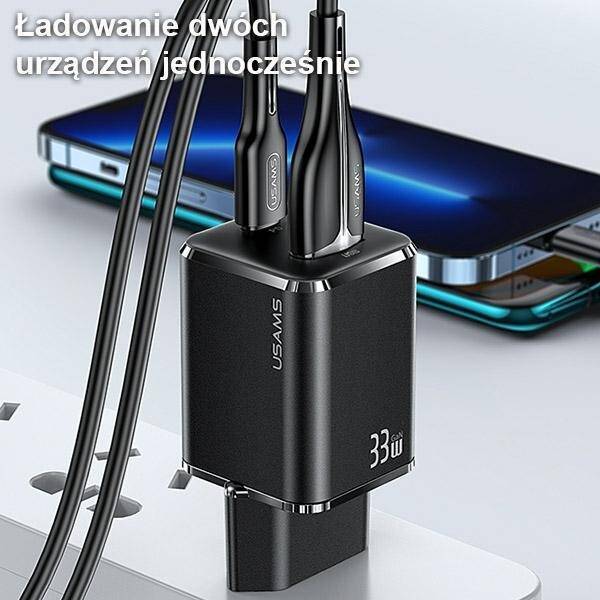 USAMS Ład. siec. 1xUSB-C+1xUSB T43 33W PD3.0 +QC3.0  + kabel U63 USB-C na lightning biały/white USKTZ02