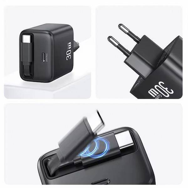 USAMS Ład. siec. 1xUSB-C ze zwijanym kablem USB-C Retractable PD+QC 30W Gan Fast Charging czarny/black YC Series CC241TC01 (US-CC241)