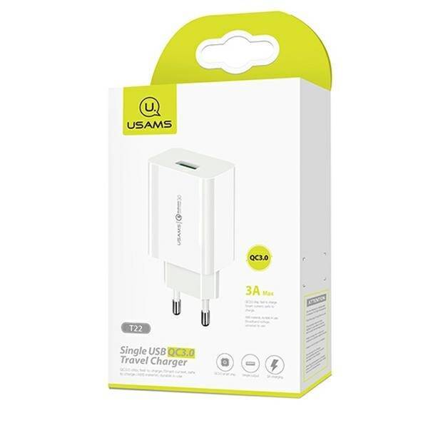 USAMS Ład. siec. 1xUSB T22 18W 3A QC3.0 + kabel USB-C 1m biały/white T48OCLN01