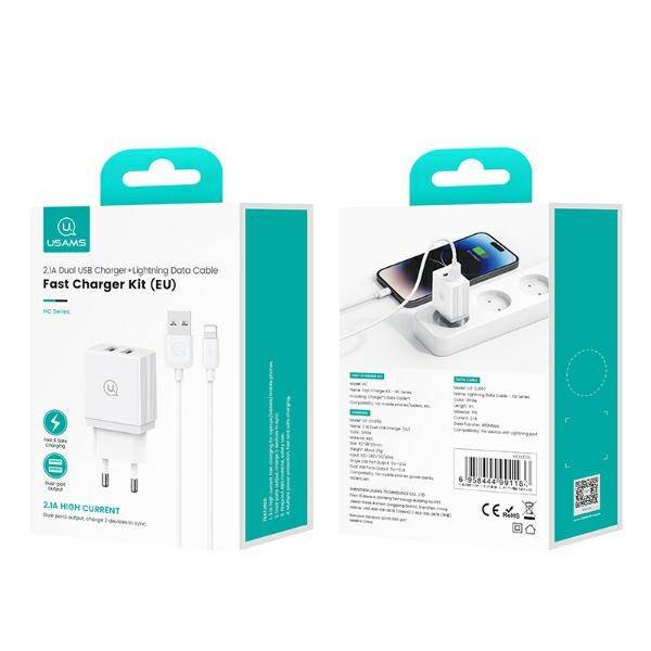 USAMS Ład. siec. 2xUSB 18W + kabel Lightning/USB-A Fast Charging biały/white series HC HCXLTZ01