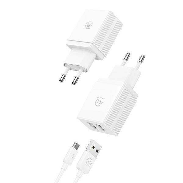 USAMS Ład. siec. 2xUSB-A + kabel Micro/ USB-A Fast Charging biały/white series HC HCXLTZ02