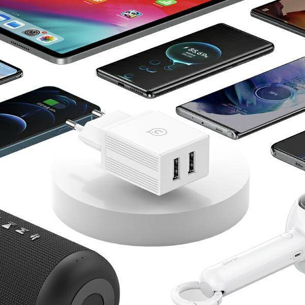 USAMS Ład. siec. 2xUSB-A + kabel USB-C/ USB-A Fast Charging biały/white series HC HCXLTZ03