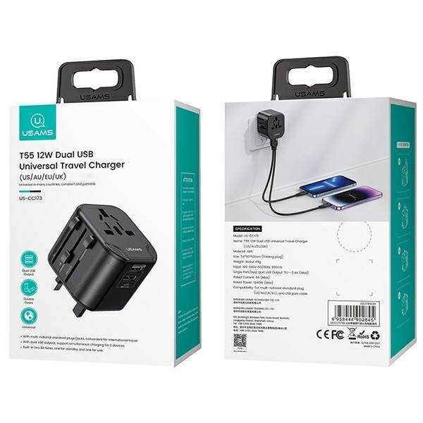 USAMS Ład. siec. 2xUSB T55 12W adapter 4w1 US/AU/EU/UK czarny/black CC173TC01 (US-CC173) Univesal Travel Charger