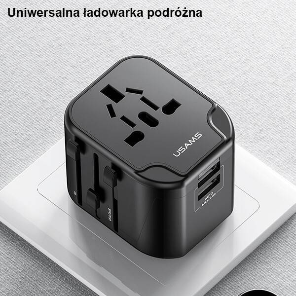 USAMS Ład. siec. 2xUSB T55 12W adapter 4w1 US/AU/EU/UK czarny/black CC173TC01 (US-CC173) Univesal Travel Charger